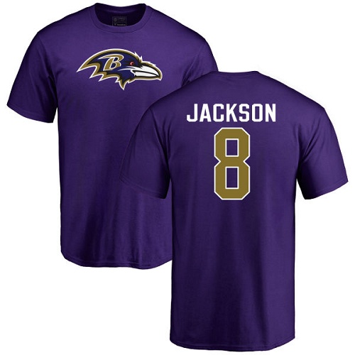 Men Baltimore Ravens Purple Lamar Jackson Name and Number Logo NFL Football #8 T Shirt